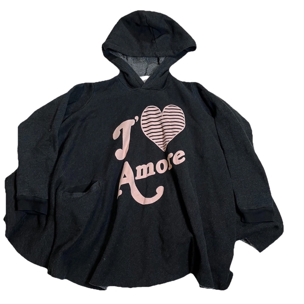 Wildfox Girl 10y Poncho Hoodie Sweater Black‎ I Love Amore Heart Graphic Cozy